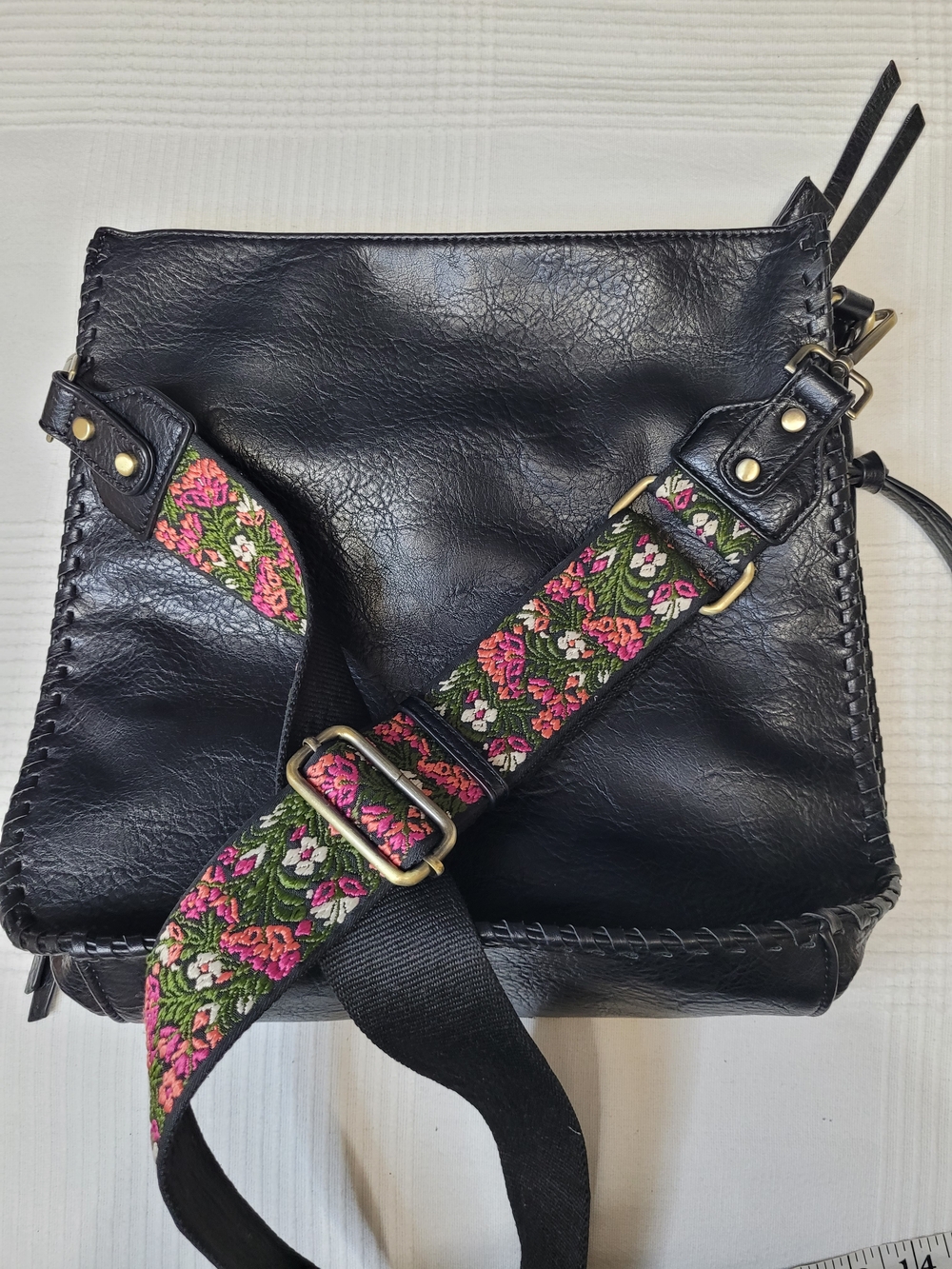 Antik Kraft Black Vegan Leather Crossbody Bag with Floral Guitar Strap
